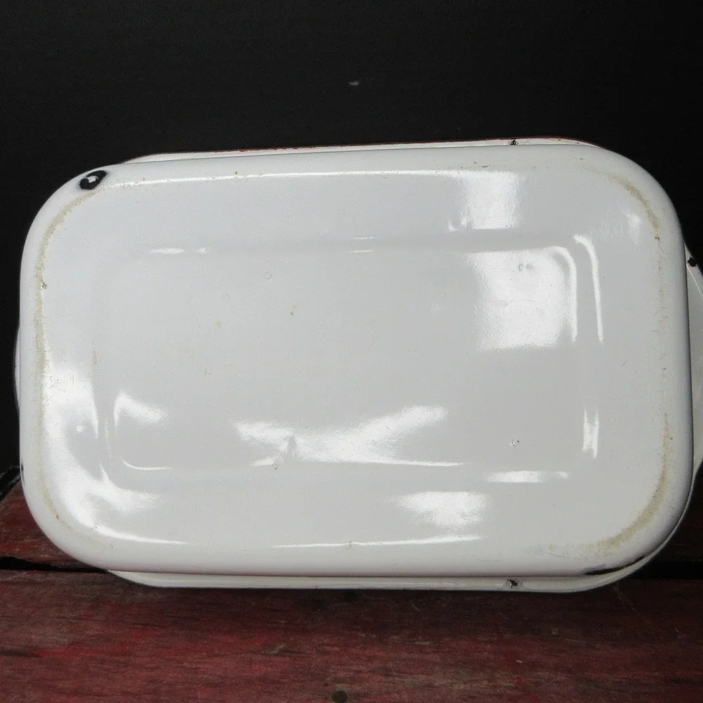Vintage White Enamelware Rectangular Pan Red Rim Primitive Farmhouse Decor